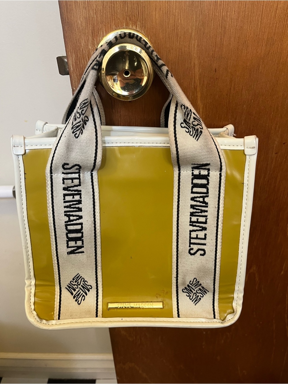 Steve Madden Yellow and White Logo-Strip Tote